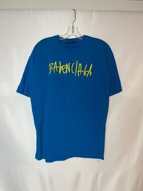 Balenciaga 2019 Embroidered Logo Tee — Blue/Yellow — XL